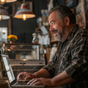 A small business owner is looking at his laptop. On the screen appears his old-fashioned website that needs to redesign on