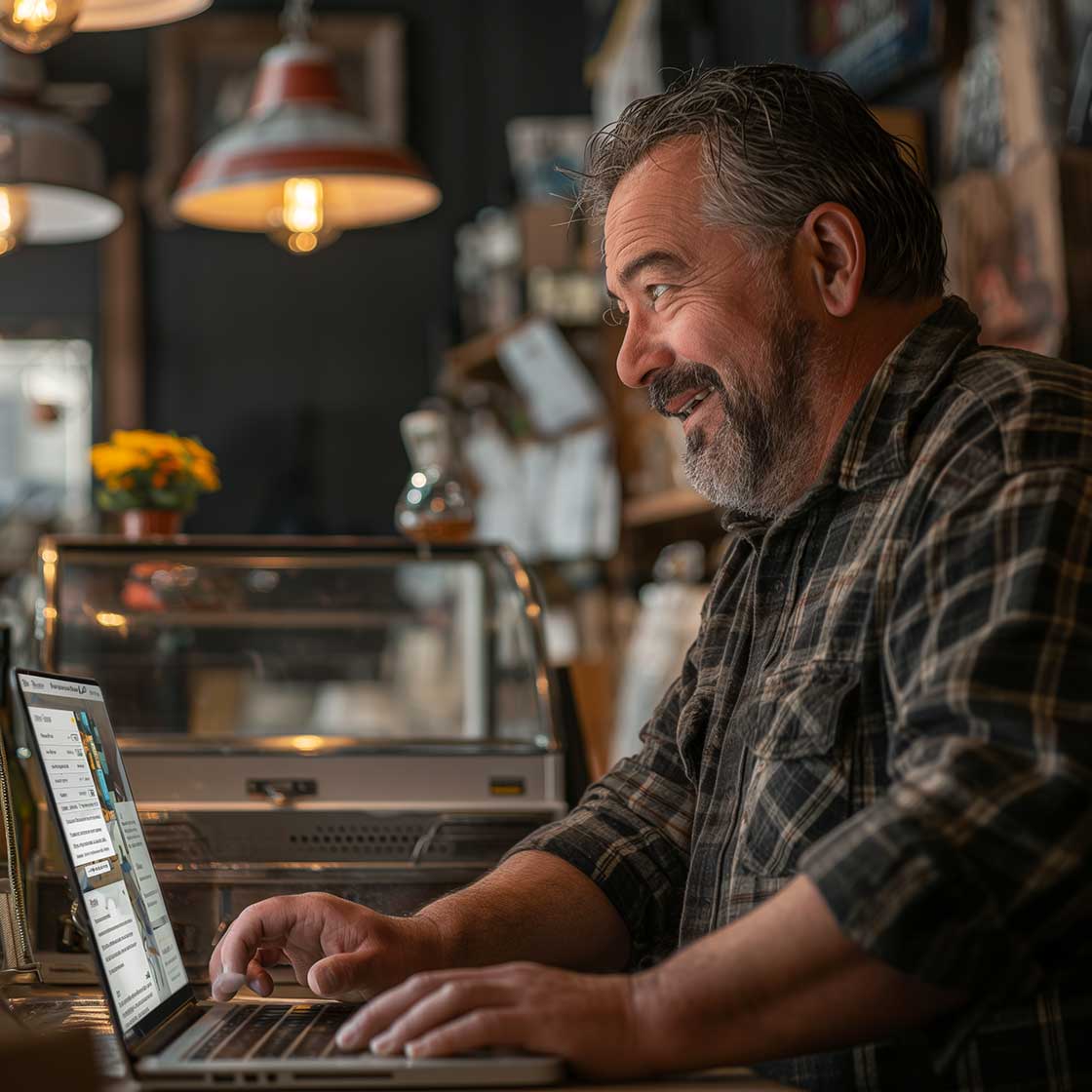 A small business owner is looking at his laptop. On the screen appears his old-fashioned website that needs to redesign on