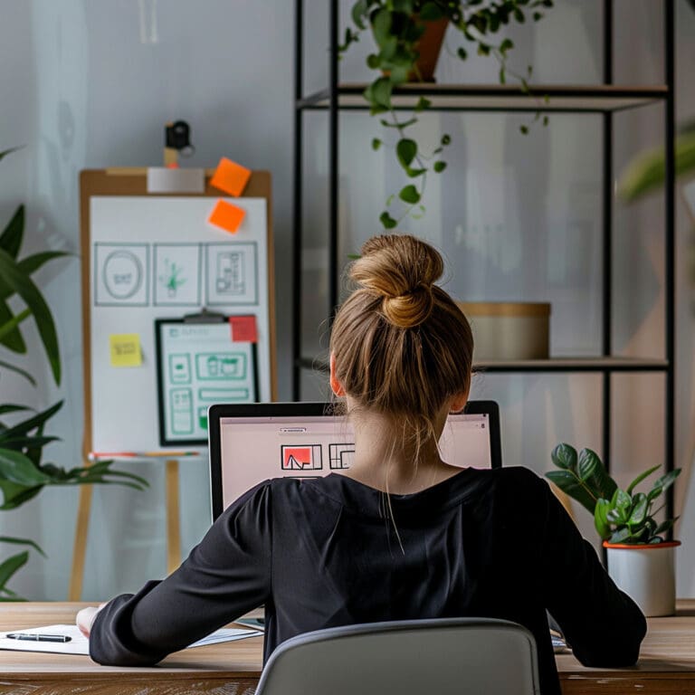 Modern website design expert working in a sleek, contemporary office with a high-end laptop displaying a dynamic website layout.