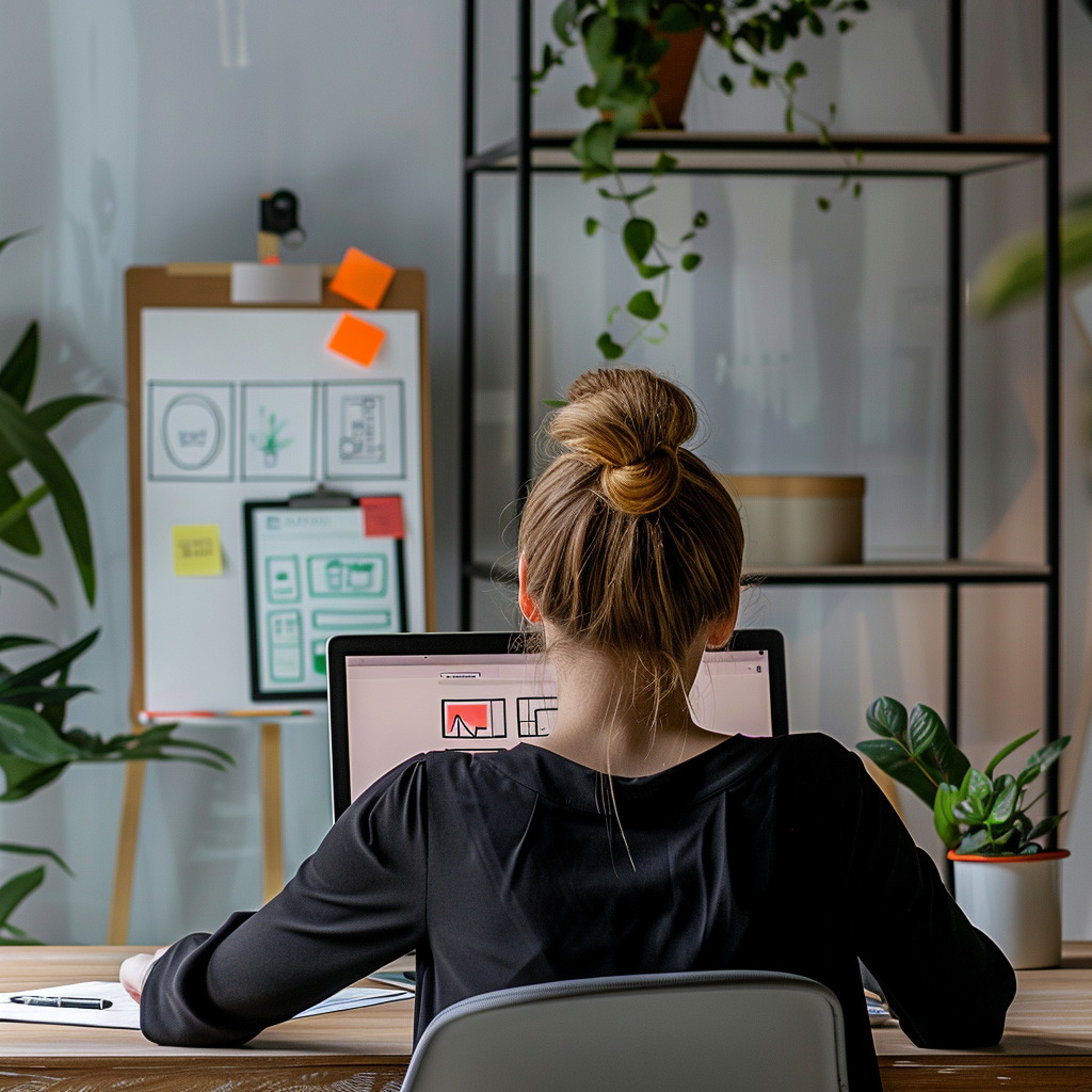Modern website design expert working in a sleek, contemporary office with a high-end laptop displaying a dynamic website layout.